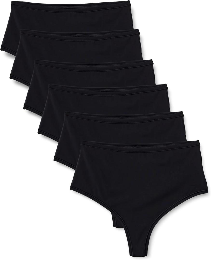 Amazon Essentials Women's Microfiber High Waisted Thong, Pack of 6 (Medium, Black)