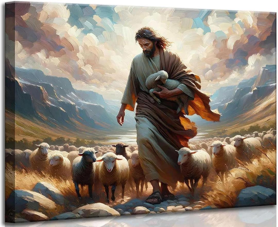 Religious Jesus Wall Art Print, Christian Scripture Painting with The Good Shepherd and Lamb, Spiritual Bible Canvas Poster for Prayer Decor (24x36in Frameless, AH19)