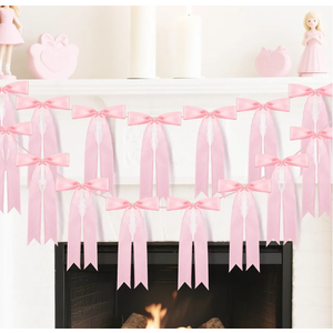 1Pcs Pre-Strung Pink Bow Garland Banners - 6.6ft Sweet Party Hanging Decorations for Coquette Birthday, Bridal Shower, Wedding, Engagement, Bachelorette, Baby Shower Supplies