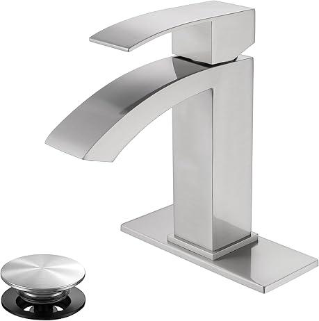 Waterfall Spout Bathroom Vessel Faucet, Tall Waterfall Single Handle One Hole Deck Mount Mixer Bowl Tap with Large Rectangular Spout, Bar Sink Faucet Lavatory Vanity with Overflow, Silver