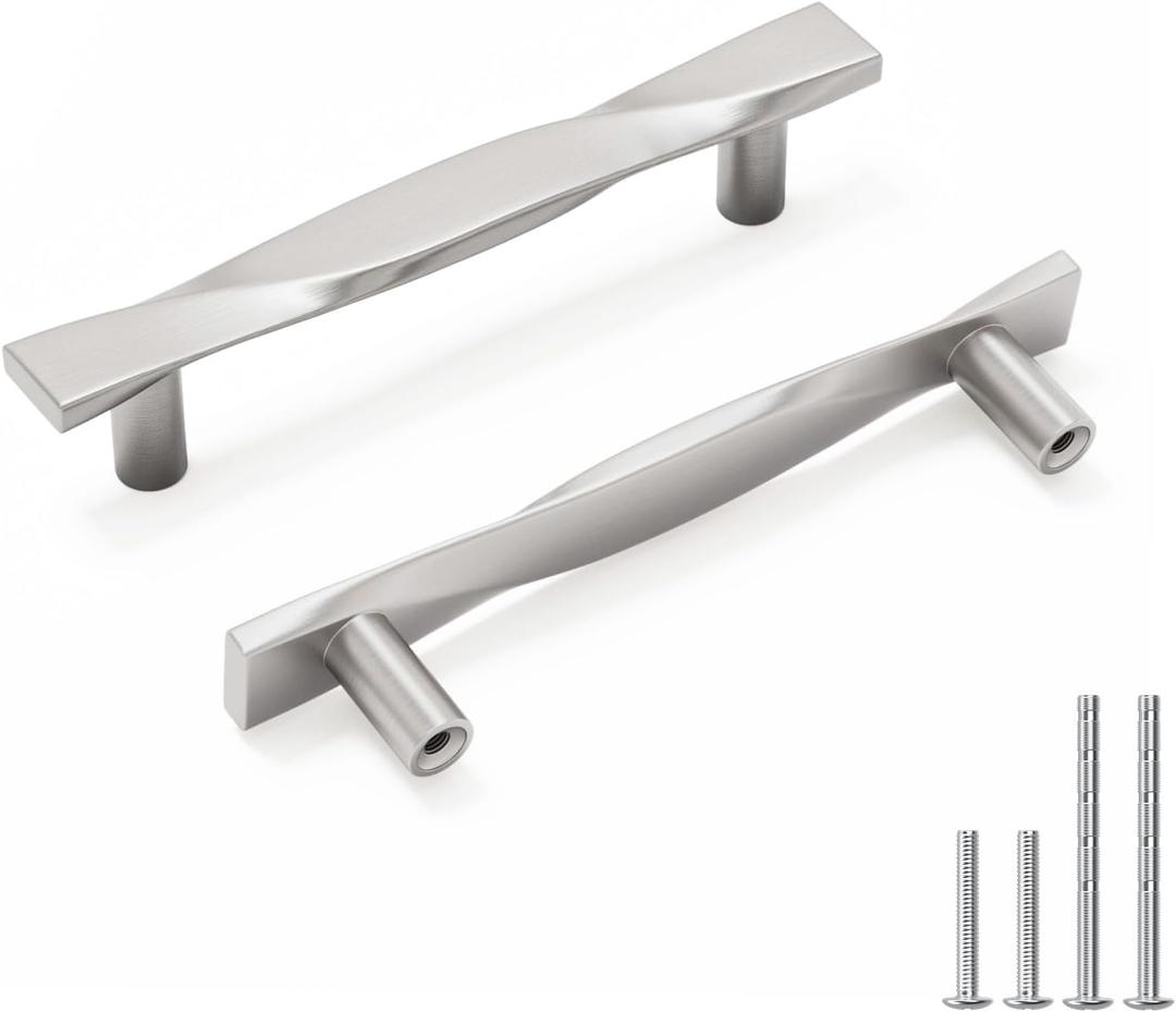 Rergy 10 Pack 3-3/4 Inch Brushed Nickel Cabinet Pulls Kitchen Handles Silver Cabinet Handles Dresser Drawer Pulls Modern Hardware (3-3/4in(96mm) Hole Center)