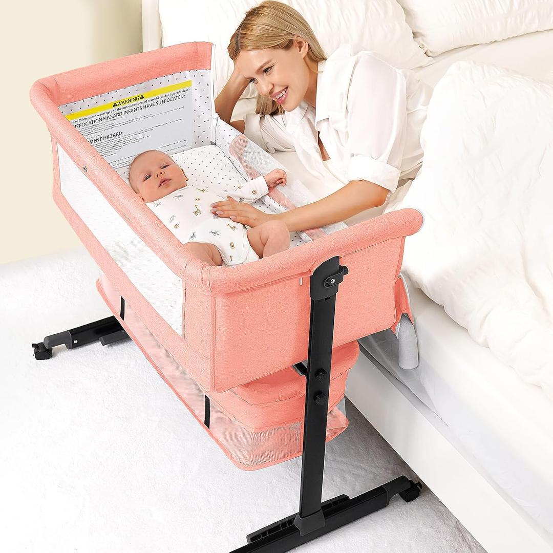 3 in 1 Bassinet Bedside Sleeper, Baby Bassinets Bedside Sleeper with Wheels, Breathable Mesh, Adjustable Height, Storage Basket, Easy Assemble & Folding (Pink)