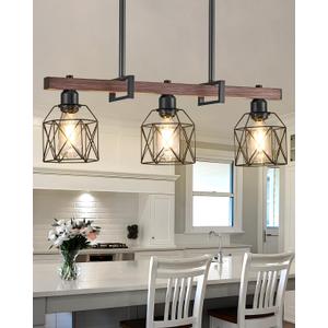 Industrial Pendant Light Fixture, 3-Light Kitchen Island Lighting with Wood Grain Bar and Black Metal Cage, Farmhouse Rustic Hanging Ceiling Lamp for Dining Room, Living Room