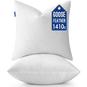 MIULEE 24 x 24 Goose Feather Down Pillows with 100% Cotton Cover, Set of 2 Soft Fluffy Decorative Pillow Inserts for Sofa Bed Couch Living Room White