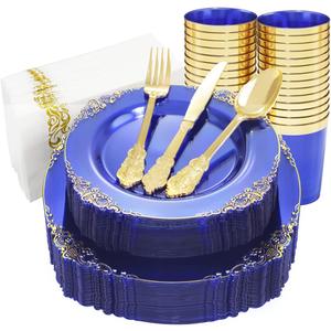 Nervure 175PCS Clear Blue Plastic Plates - Gold Plastic Plates Sets Include 25Dinner Plates, 25Dessert Plates, 25Cups, 25Forks, 25Knives, 25Spoons, 25Napkins for Weddings & Independence Day