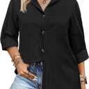 IN'VOLAND Womens Plus Size Linen Button Down Shirts Long Sleeve Cotton Casual Collared Shirt Loose Blouses Tops with Pocket Black M