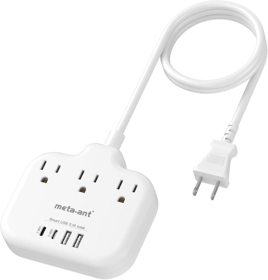 2 Prong Power Strip with USB C, meta-ant 2 Prong to 3 Prong Outlet Adapter, Two Prong Power Strip with 3 Outlets & 4 USB(2 USB-C), 4ft Extension Cord 2 Prong Outlet, Polarized, for Old House, White