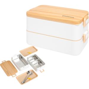 gimmiebox premium stainless steel bento box lunch box with compartments for adults, spoon and fork, leak-proof, easy side locks (White)