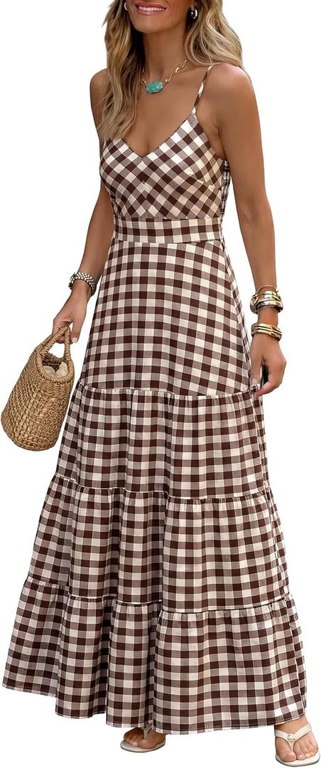 Caracilia Womens Summer Gingham Striped Flowy Spaghetti Strap Maxi Dress Medium