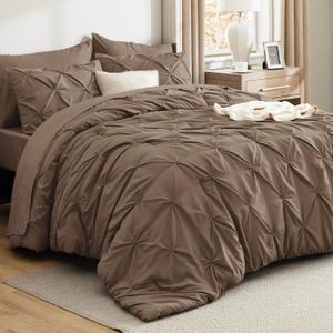 Bedsure Queen Comforter Set Brown - Bed in a Bag Queen Size Bedding 7 Pieces, GentleSoft Pintuck Bed Set Gift for Family, Pinch Pleat All Season Comforter with Sheets, Pillowcases & Shams