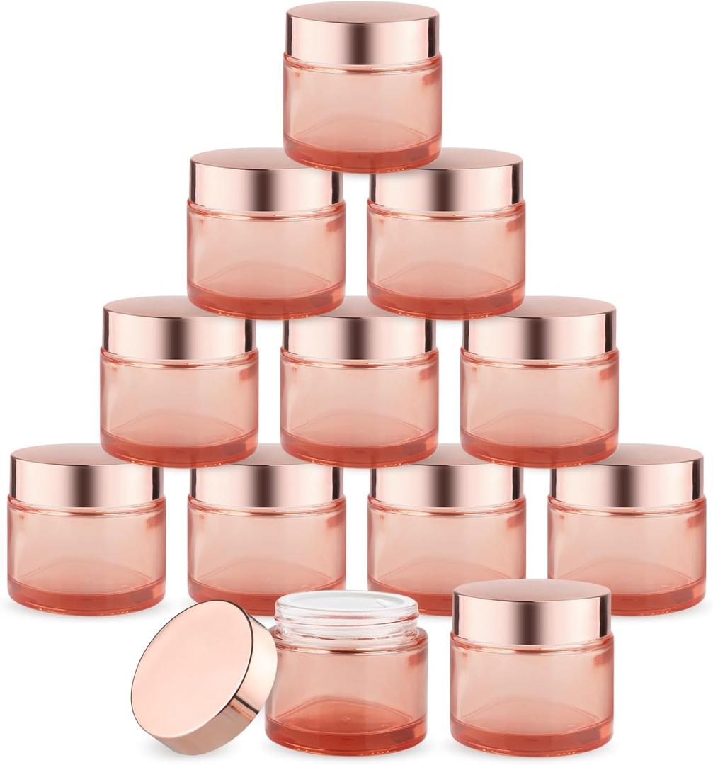 12 Pcs 60g/2oz Glass Cosmetic Jars Refillable Cream Bottle Containers Empty Sample Vials Jar with Rose Gold Lid for Eye Cream Lotion Ointments Lip Balm Scrub - Pink