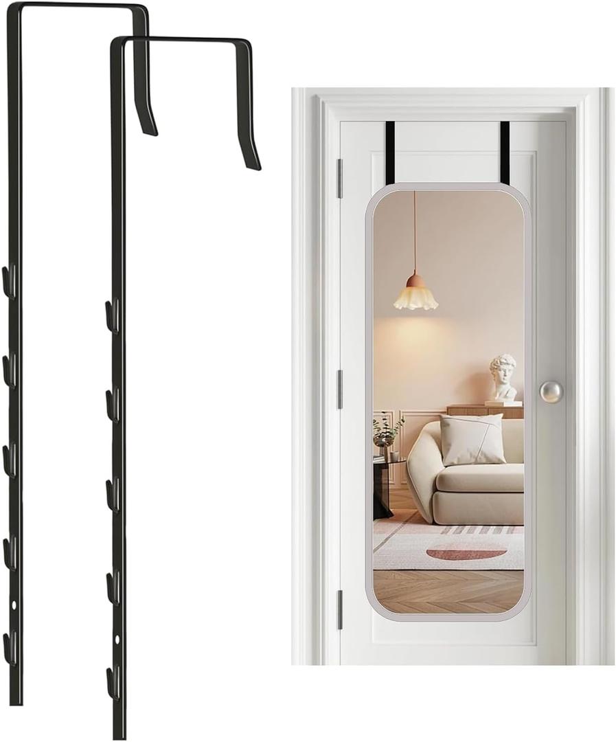 Over-The-Door Mirror Hanger, Adjustable 13.6 in Door Mirrors Hanger with Protective Lining, Prevent Scratches, 2 Pcs Door Brackets Perfect Height and Fit (Mirror Not Included) - Black
