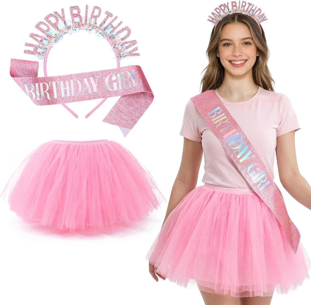 3pcs Birthday Tutu Skirt Accessories Set for Women Pink (Pink)