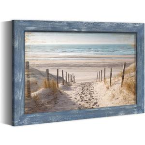 Framed Beach Road Wall Art: Modern Coastal Sea Level Painting Wood Decor Rustic Blue Ocean Artwork Calming Seascape Nature Picture Contemporary Sandy Seaside Prints for Bedroom Bathroom Living Room (24"L x 16"W, Beige)