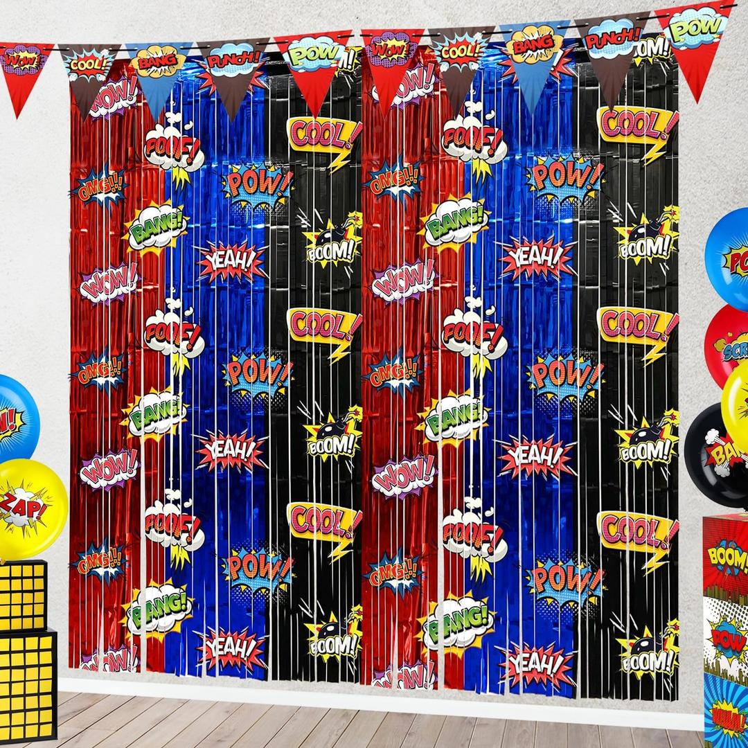 Hero Foil Fringe Curtains Backdrop Birthday Party Decorations, 2 Pack 3.28 x 6.56 Ft Red Blue Black Foil Fringe Curtain Tinsel Streamer Photo Booth Props Hero Birthday Party Supplies Favors