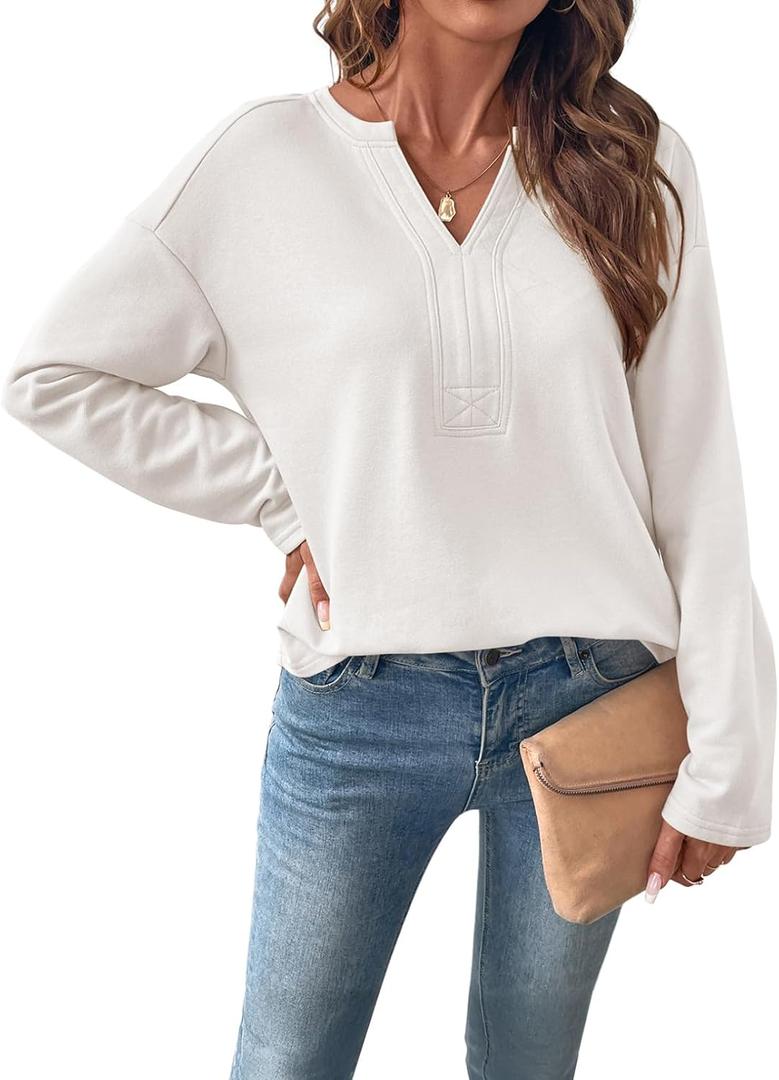 SHEWIN Womens Casual V Neck Sweatshirt Long Sleeve Lightweight Drop Shoulder Solid Pullover Tops (White, XXL)