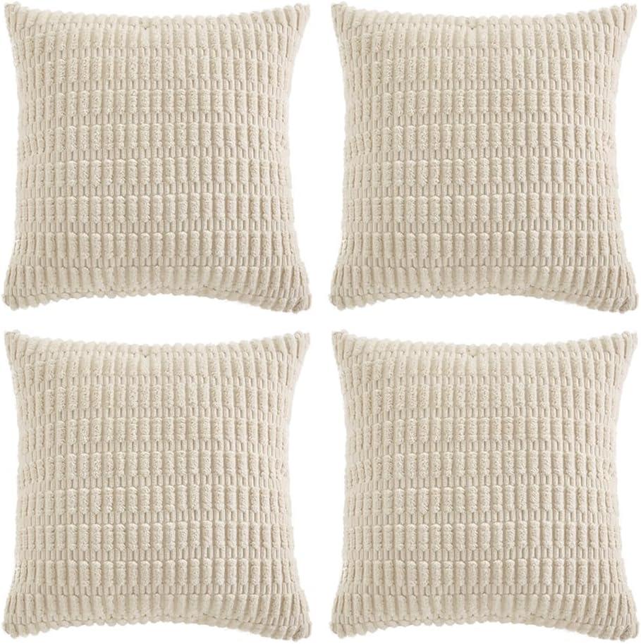 Fancy Homi 4 Packs Boho Cream Decorative Throw Pillow Covers 20x20 Inch for Living Room Couch Bed Sofa, Rustic Modern Farmhouse Home Decor, Soft Plush Corduroy Square Beige Cute Cushion Case 50x50 cm (20" x 20" (Pack of 4))