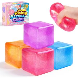 4 Pack Big Ice Cube Squishy Toys, 4 Color Glitter Stress Cube Fidget Toys, 2.2 inch Sensory Squeeze Toys, Squishy Cube Pack for Kids Adult Anxiety Stress Relief, Quiet Fidgets for Classroom Home