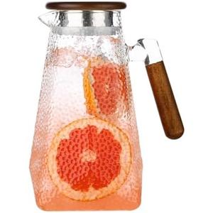 Borosilicate Glass Pitcher With Lid,1.8 Liter All-Purpose Heat-Resistant Carafe with Handle, for Iced Tea, Coffee, Juice, Milk, Fruit Infusions (Hot & Cold)​ (Hammered exture, 60 oz)