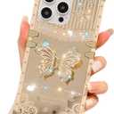Cute Compatible with iPhone 13 Pro Max Case, Luxury Bling Butterfly Design with Foldable Stand Kickstand for Women & Girls, Glossy Mirror Shockproof Protective Case 6.7 (Gold)