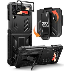 FNTCASE for Samsung Galaxy Z-Flip4 Case: Military Grade Protection Shockproof Cell Phone Case with Kickstand & Holster | Protective Drop Proof Rugged Cover for Galaxy Z Flip 4 5G Black
