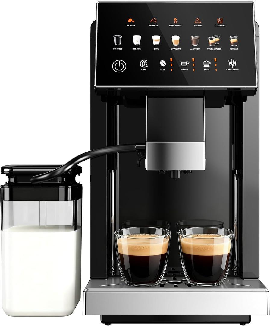 Fully Automatic Espresso Machine with Milk Frother & Grinder
20 Bar Pressure, 15 Grind Settings, Touch Screen Control and Self-Cleaning Function for Espresso, Latte and Cappuccino