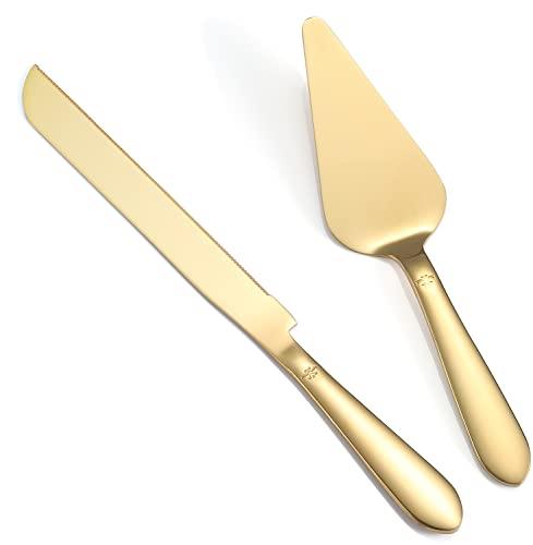 Cake Cutting Set for Wedding, Elegant Cake Knife and Server Set with Thickened Stainless Steel Rounded Edges, Cake Cutter Pie Spatula for Birthday Anniversary Christmas, 2 Pcs, Gold