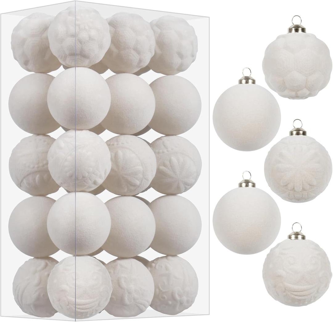RoseCraft 30PCS Beige Velvet Christmas Ball Ornaments Set, 60MM/2.3Inch Shatterproof Flocked Ornament for Christmas Tree Hanging Holiday Party Xmas Decorations.