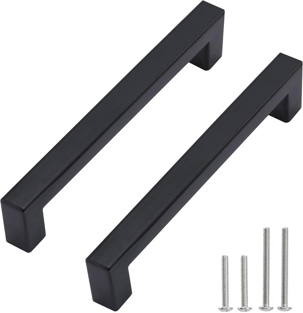 Cabinet Pulls Matte Black Cabinet Handles Square Drawer Pulls, 10 Pack 5 Inch Stainless Steel Kitchen Door Cupboard Cabinet Handles, Drawer Hardware Handles, 128mm Hole Centers