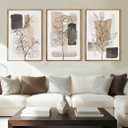 Anyzal Large Framed Neutral Floral Wall Art 16x24 Inch Tan Modern botanical Canvas Wall Decor Minimalist Black Flower Prints for Living room Bedroom Dining room Set of 3 (Beige and tan)