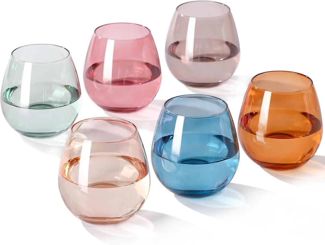 Colored Stemless Wine Glasses Set of 6-15 oz -Hand-Blown Colored Drinking Glasses, European Design Crystal Glass For Red & White Wine, Unique Gifts for Wedding, Birthday Christmas(Multicolor)