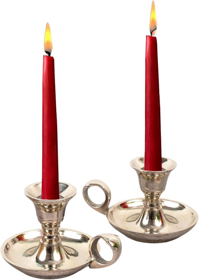 Candle Holders with Handle for Taper Candlestick Set of 2 Modern Decor for Home Table Centerpiece for Wedding Parties Dinners Decorations (Glossy Silver Metal)
