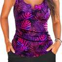Tankini Two Piece with Shorts - Womens Tummy Control Swimsuit with Pockets Bathing Suit with V-Wire Boy Shorts Swimwear 2025 (Medium, Purple Leaf)