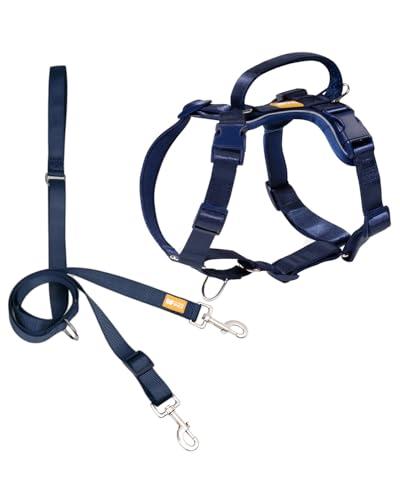 DF Freedom No Pull Martingale Dog Harness and Leash Set, Front Clip Adjustable Harness with Reflective & Padded Handle, Easy Walking & Training, Navy Blue, 1", Chest 24.4" - 32.4"