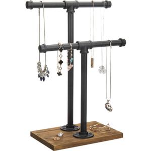 Adjustable 2-Tier Industrial Jewelry Display Stand - Rustic Metal Pipe & Brown Wood Base for Necklaces, Bracelets, Watches - Home & Boutique Decor (11.75" H)