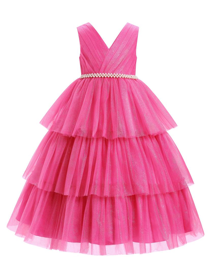 IBTOM CASTLE First Bridesmaid Dress for Girl Flower Girl Dress V-Neck Kids Birthday Dress Ruffle Pearls Tiered Formal Dress Tulle Party Dress Wedding Gown Prom Evening Rose Red 6-7 Years