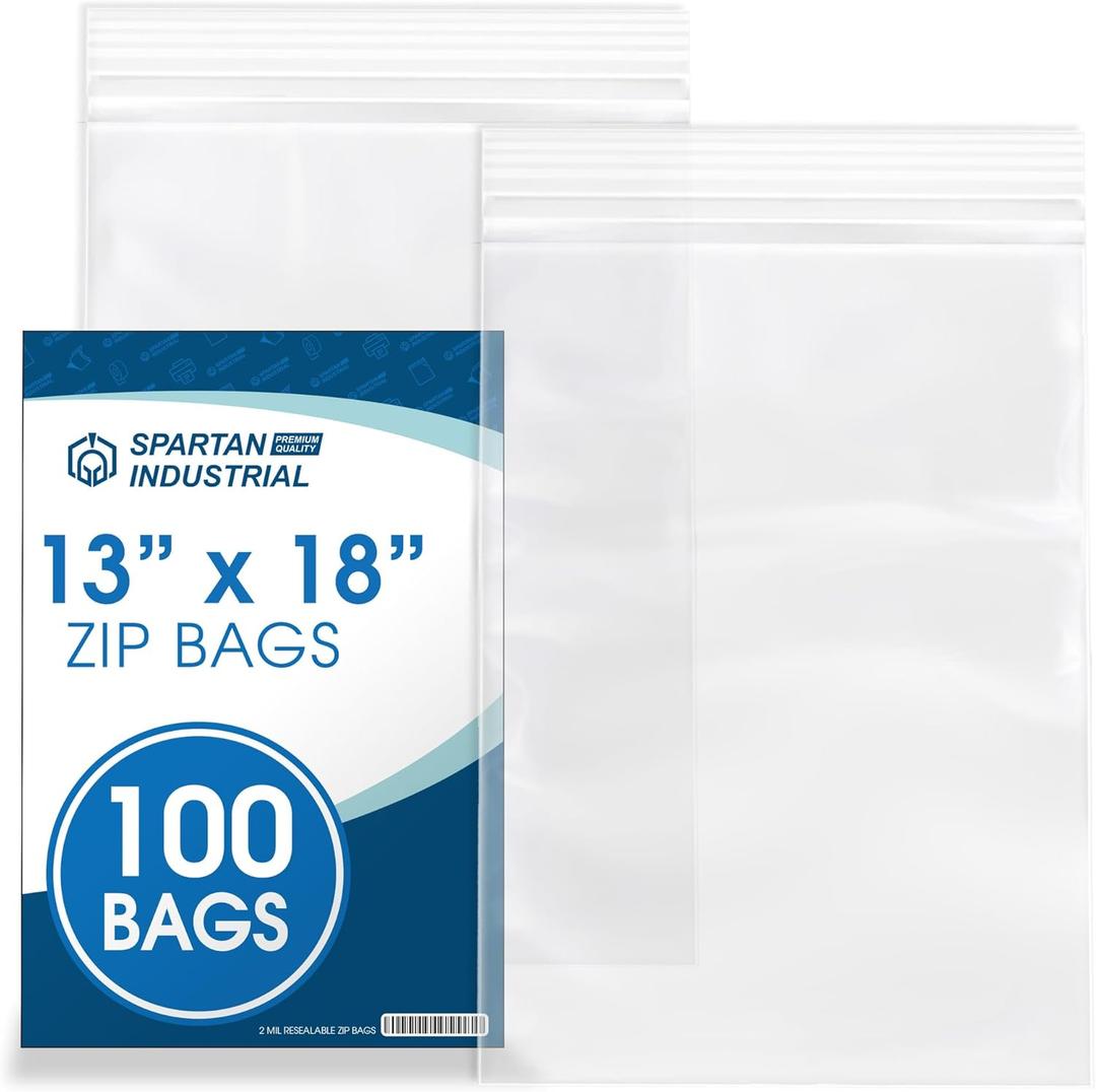 Spartan Industrial - 13" X 18" (100 Count) 2 Mil Clear Reclosable Zip Plastic Poly Bags with Resealable Lock Seal Zipper