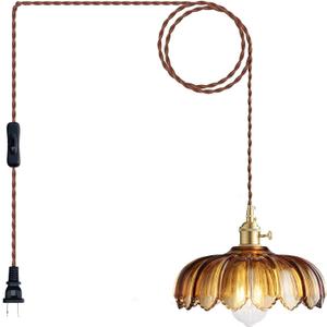 Plug in Pendant Light: Amber Glass Hanging Lamp Plug in, 14.7ft Swag Lamp Cord with On/Off Switch for Kitchen Island/Dining Room/Bedroom/Living Room Hanging Light, No Bulb