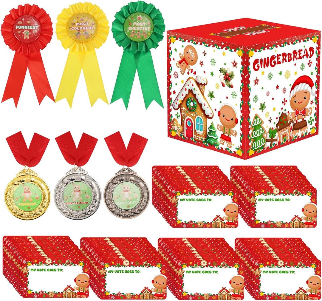 67 Pcs Christmas Gingerbread House Game Kit with Gingerbread House Contest Voting Box 60 Ballot Cards 3 Award Badges 3 Gingerbread Medals for Xmas Party Game Supplies