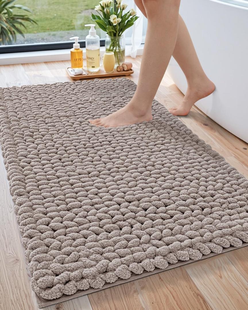 LUMI Luxury Bathroom Rug, Ultra Soft Quick Dry Bath Mat, Non-Slip Absorbent Thick Chenille Bath Rug, Cozy Braid Design Floor Mat for Bathtub, Sink, Laundry, Bedroom, Beige, 24"x43"