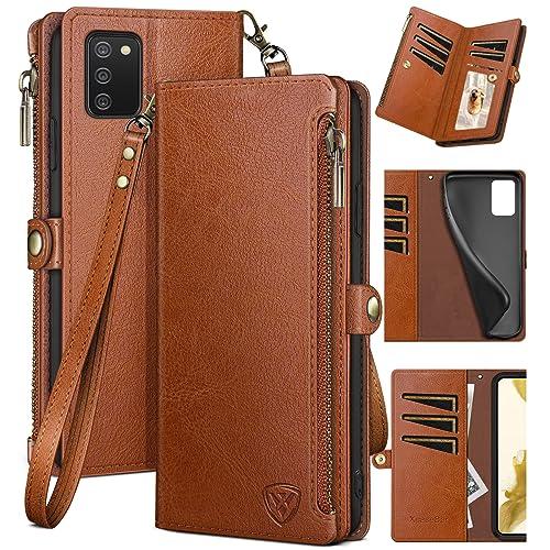 XcaseBar for Samsung Galaxy A03S Wallet case with Zipper Credit Card Holder【RFID Blocking】, Flip Folio Book PU Leather Phone case Shockproof Cover Women Men for SamsungA03S case Light Brown