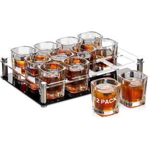 Ruckae 12 Pack 2 OZ Shot Glasses Set with Pallets Heavy Base Clear Square Shot Glasses Bulk for Vodka Tequila Whiskey Liquor (Transparent with Tray)