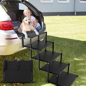Extra Wide 5 Steps Dog Stairs for Large Dogs, Foldable Dog Ramp for Car with Non-Slip Surface, Lightweight Dog Stairs for Cars, Dog Steps for Cars, SUV, High Beds, Truck, Supports up to 250 lbs : Pet Supplies, Black 