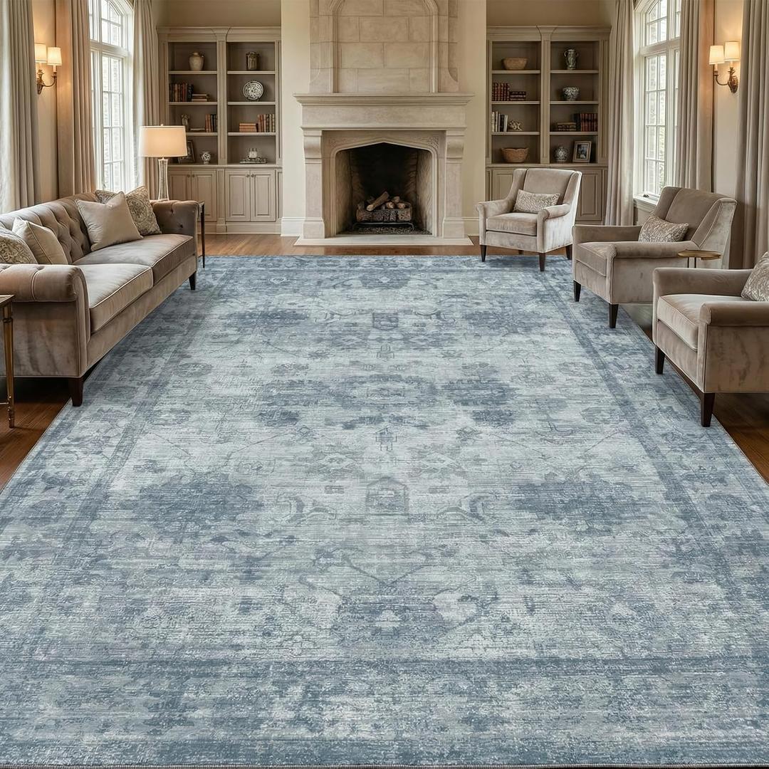 Homemate Washable Rug 9x12 Area Rugs - Vintage Faux Wool Rugs for Living Room Bedroom Dining Room - Non Slip Foldable Carpet Indoor Area Rug for Home Decor9'x12', Blue