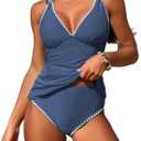 Womens V Neck Tankini Swimsuits Push Up Ruched Color Block Swim Top High Waisted Tummy Control Bathing Suits (XX-Large)