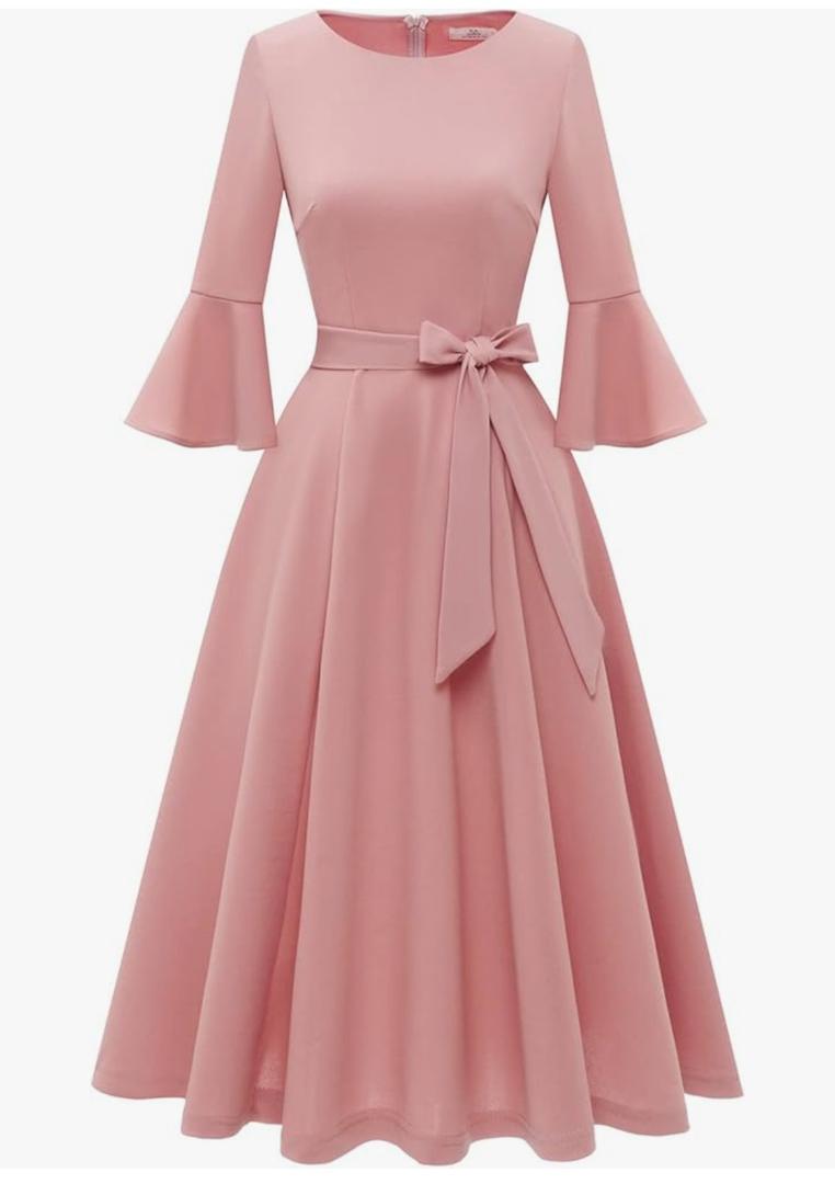 HomRain Women's Church Dresses for 2025 Wedding Guest Cocktail Tea Party Bell Sleeve Vintage Evening Graduation Dress Size XL, Blush