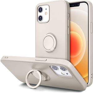 Hython Case for iPhone 12 Case & iPhone 12 Pro Case with Ring Stand, 360 Rotatable Ring Holder Magnetic Kickstand, Shockproof Rubber Protective Phone Case Cover with Microfiber Lining, Antique White