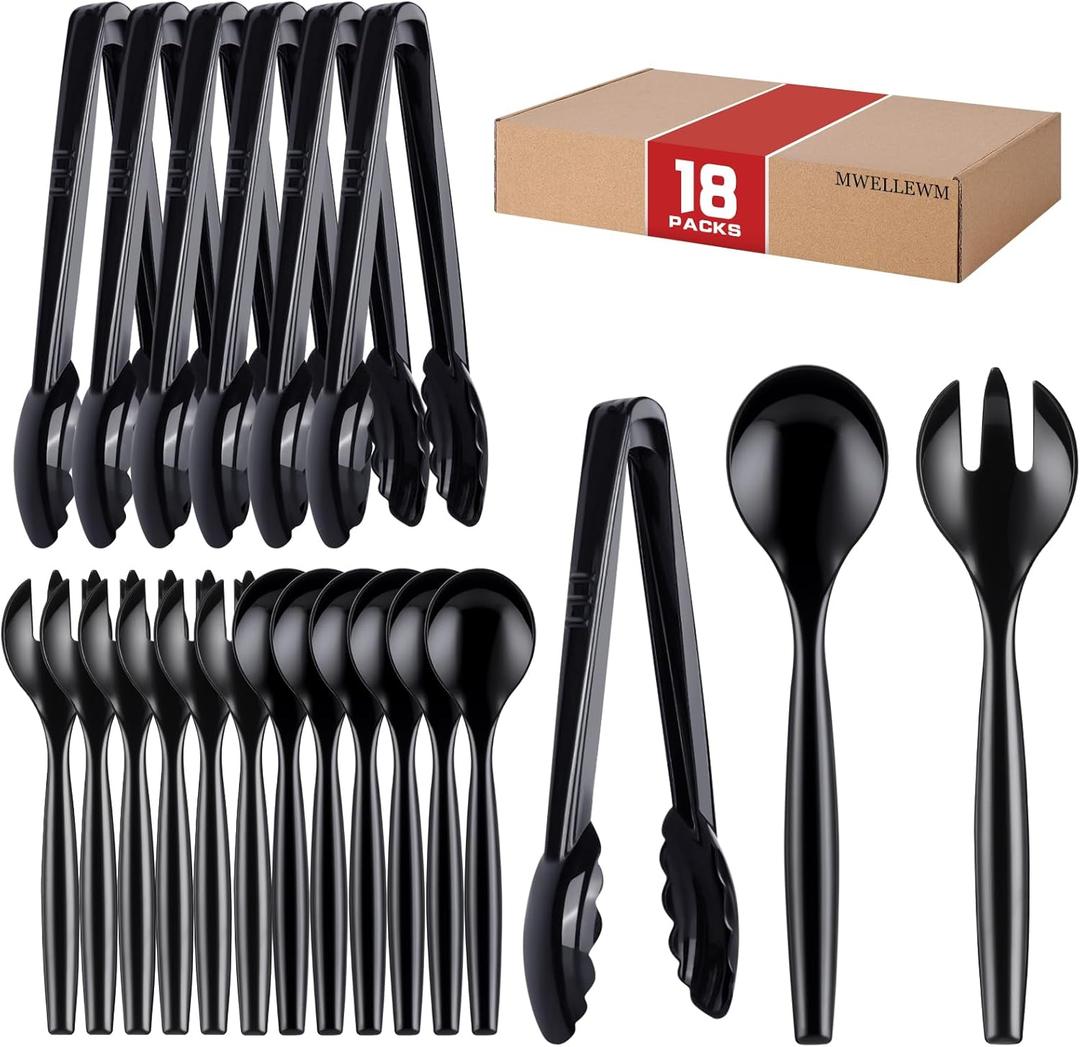 Mwellewm 18Pcs Serving Utensils, 10'' Plastic Serving Utensils Set, Disposable Serving Spoons for Buffet, Large Serving Tongs for Food, Heavy Duty Party Supplies for Salad Soup Cooking Catering(Black)