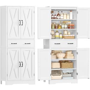 TEENFON Tall Storage Cabinet with 2 Adjustable Shelves & 1 Large Drawer, Kitchen Pantry Cabinet with 4 Doors, Bathroom Storage Cabinets, for Living Room, Kitchen, Bathroom, White