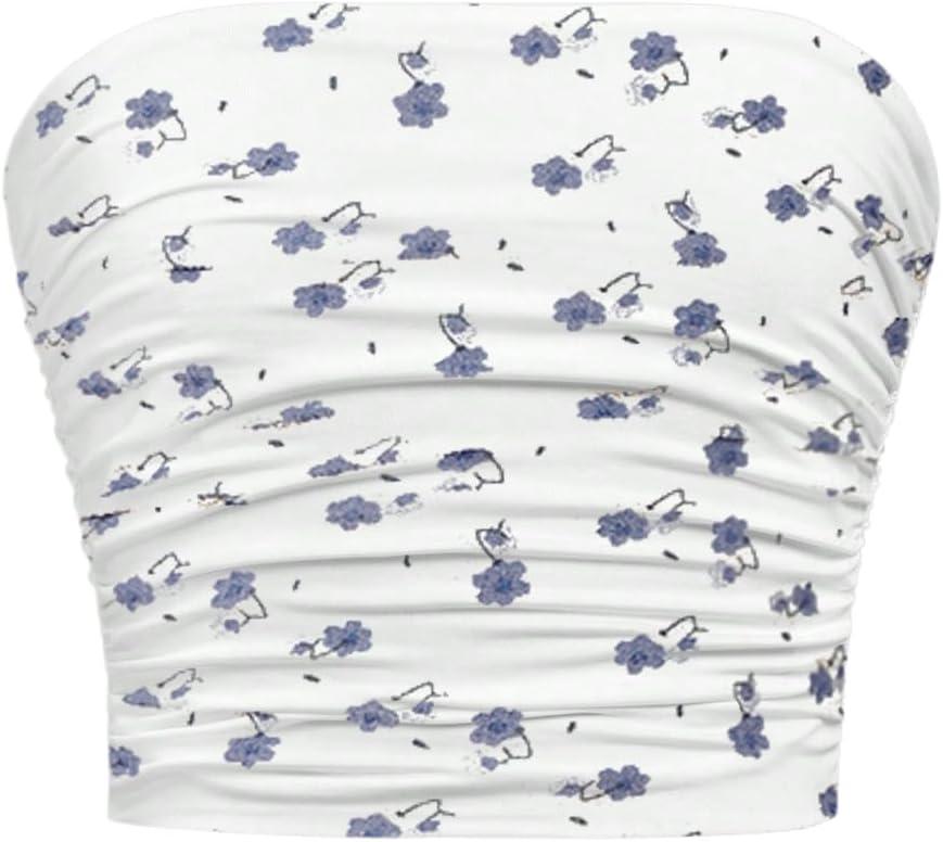 Girl's Ruched Strapless Tube Top Sleeveless Cropped Bandeau Basic Summer Cute Tops for Girls (White Blue)